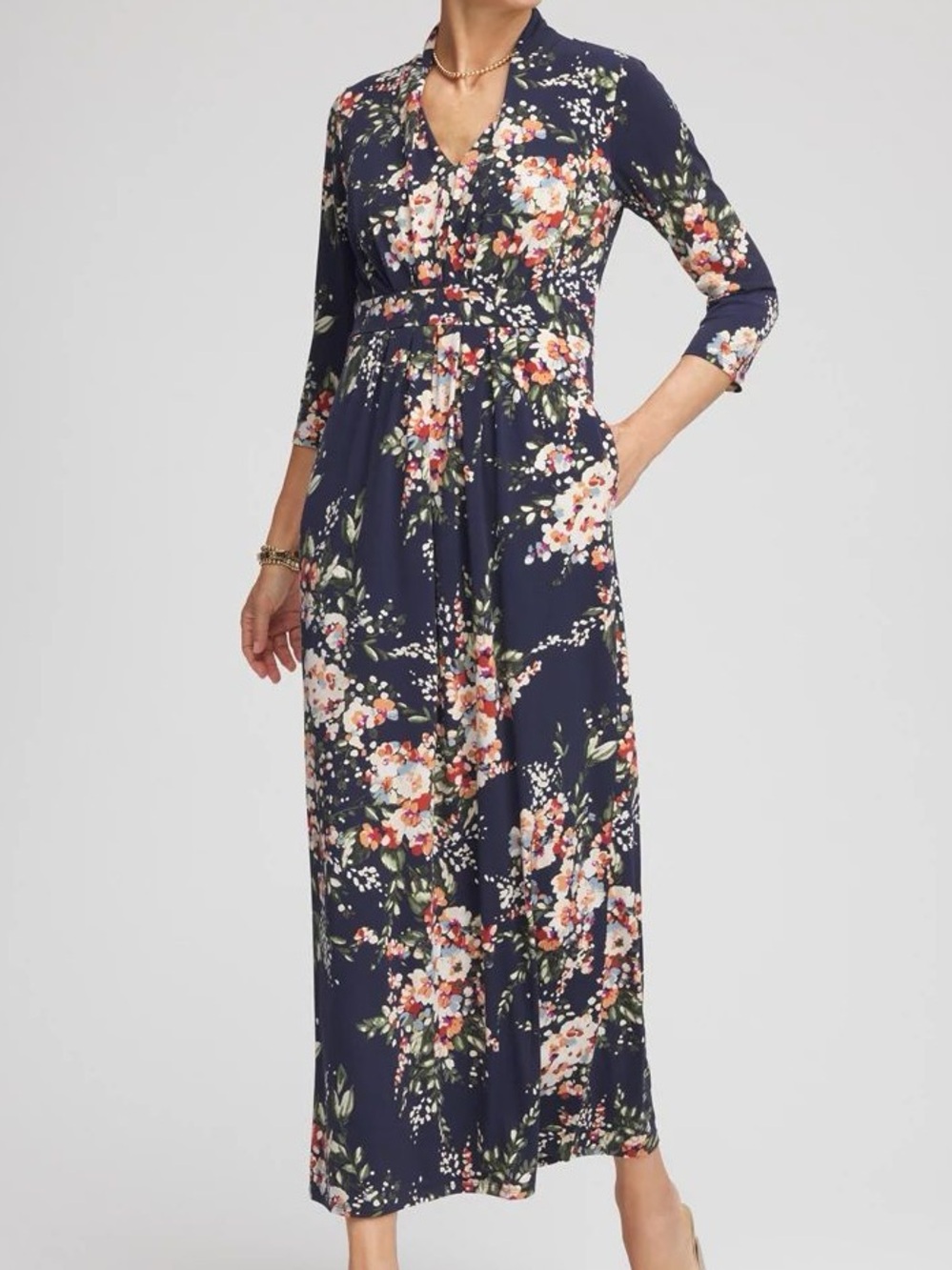 Chico's Navy Maxi Dress with Pink & Green Floral Print